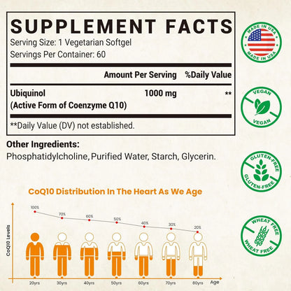 Cápsulas Blandas Ubiquinol CoQ10 1000 Mg Alta Absorción Vegano Corazón Energía