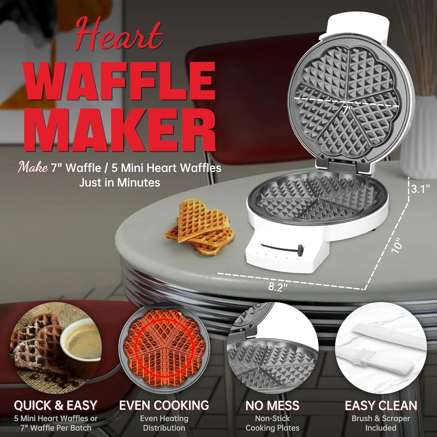 Mini Waflera Corazón Control Dorado Cocina Waffles Perfectos