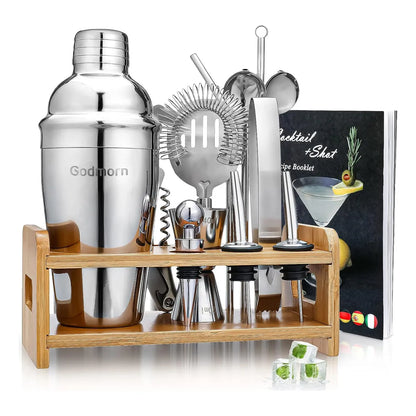 Kit De Cocteleria 15 Piezas Con Soporte Bambu Y Libro Recetas Acero Inoxidable