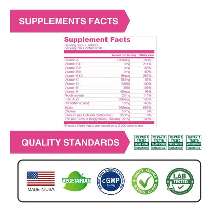 Multivitaminas Prenatales 180 Tabletas Apoyo Integral Embarazo Veganas