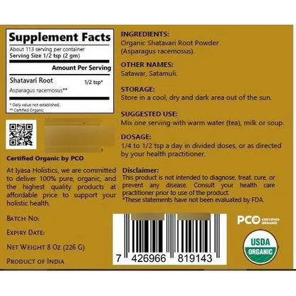 Polvo Organico De Raiz Shatavari 227g Tónico Ayurveda Para Mujer
