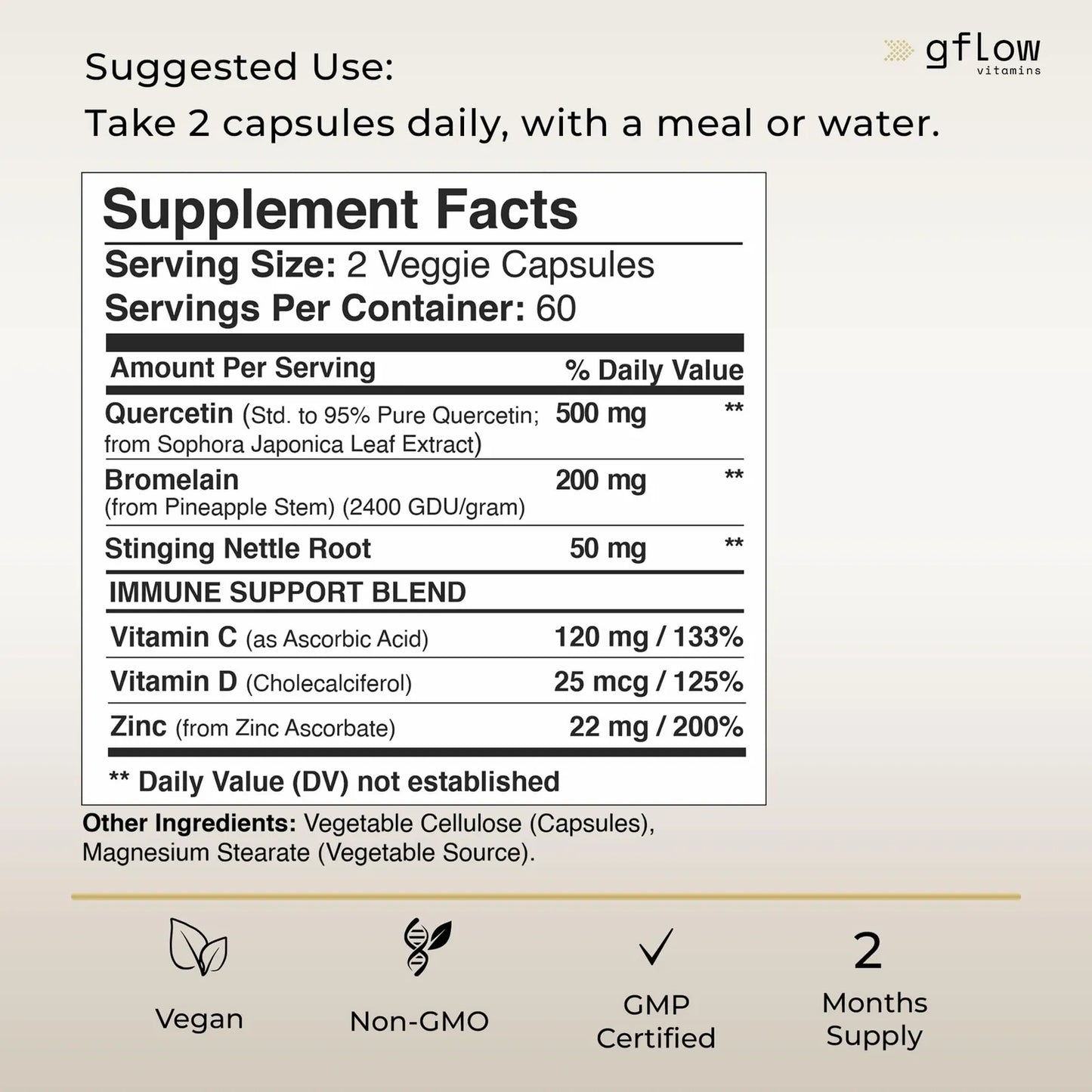 Quercetina 500 Mg Con Vitamina C Zinc Y Bromelina 240 Cápsulas Vegetarianas
