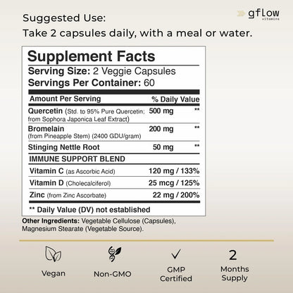 Quercetina 500 Mg Con Vitamina C Zinc Y Bromelina 240 Cápsulas Vegetarianas
