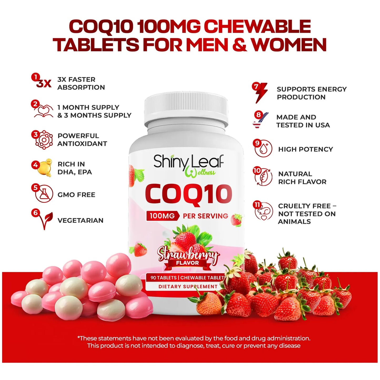 Suplemento CoQ10 100 Mg Tabletas Masticables Sabor Fresa Salud Corazon Y Energia