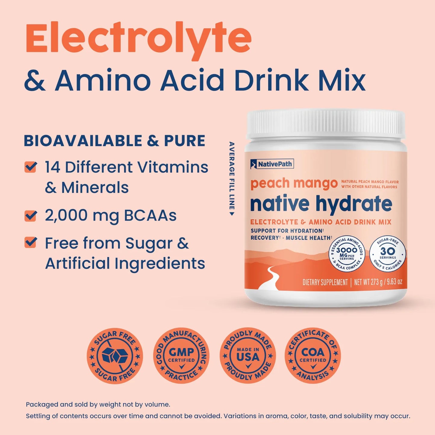 Native Hydrate Electrolitos En Polvo Sabor Melocotón Mango Cero Azúcar 30 Porciones