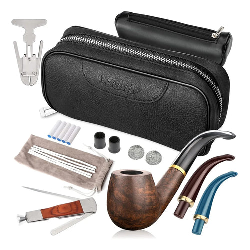 Pipa De Tabaco Madera Pera Con Filtro Y Accesorios Bolsa Cuero Regalo