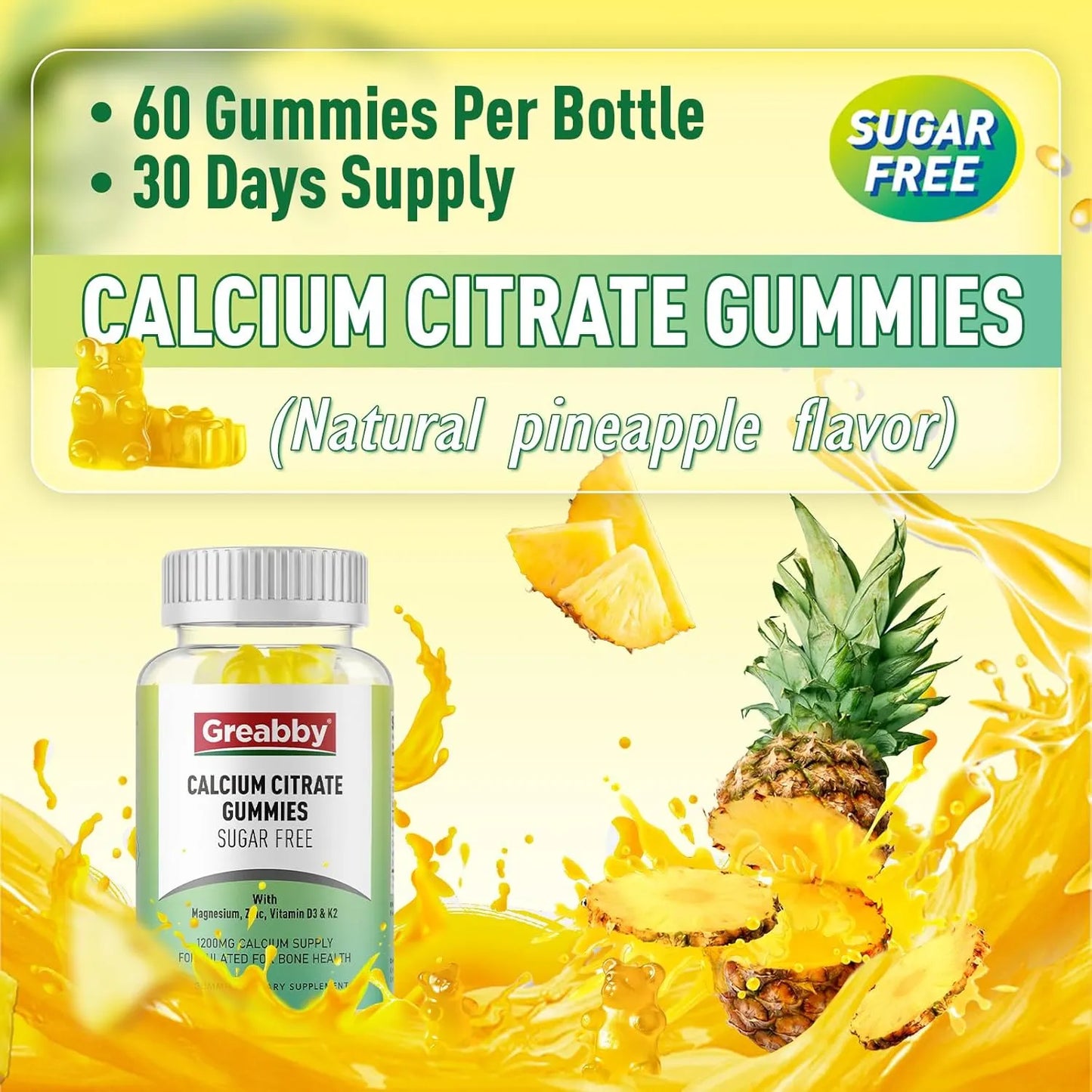 Gomitas De Citrato De Calcio 1200 Mg Sabor Piña Soporte Óseo Para Toda La Familia