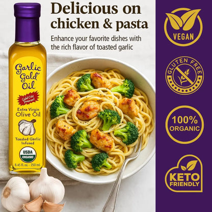 Aceite De Oliva Virgen Extra Orgánico Infundido Con Ajo Bajo FODMAP 8.44 Onzas