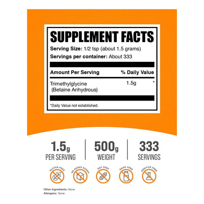 Polvo De Trimetilglicina Anhidra Betaína TMG 500g Suplemento Energía Y Salud
