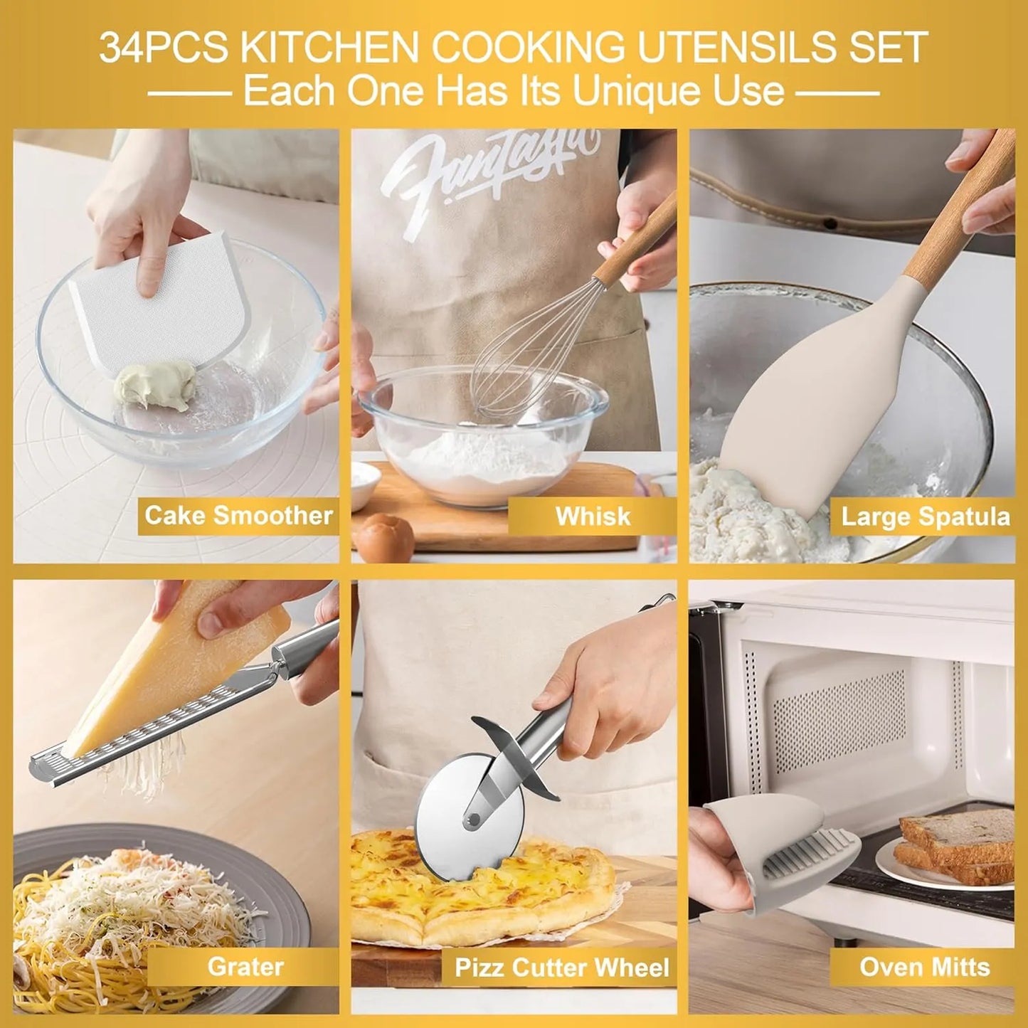 Juego De Utensilios Cocina Silicona 43 Piezas Antiadherentes Mangos Madera Resistente Al Calor