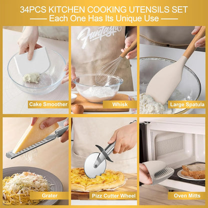 Juego De Utensilios Cocina Silicona 43 Piezas Antiadherentes Mangos Madera Resistente Al Calor