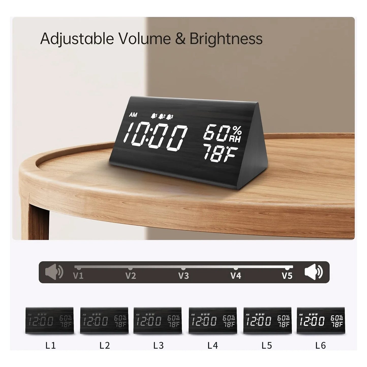 Reloj Despertador Digital Con Pantalla Led Madera 3 Alarmas Temperatura Humedad