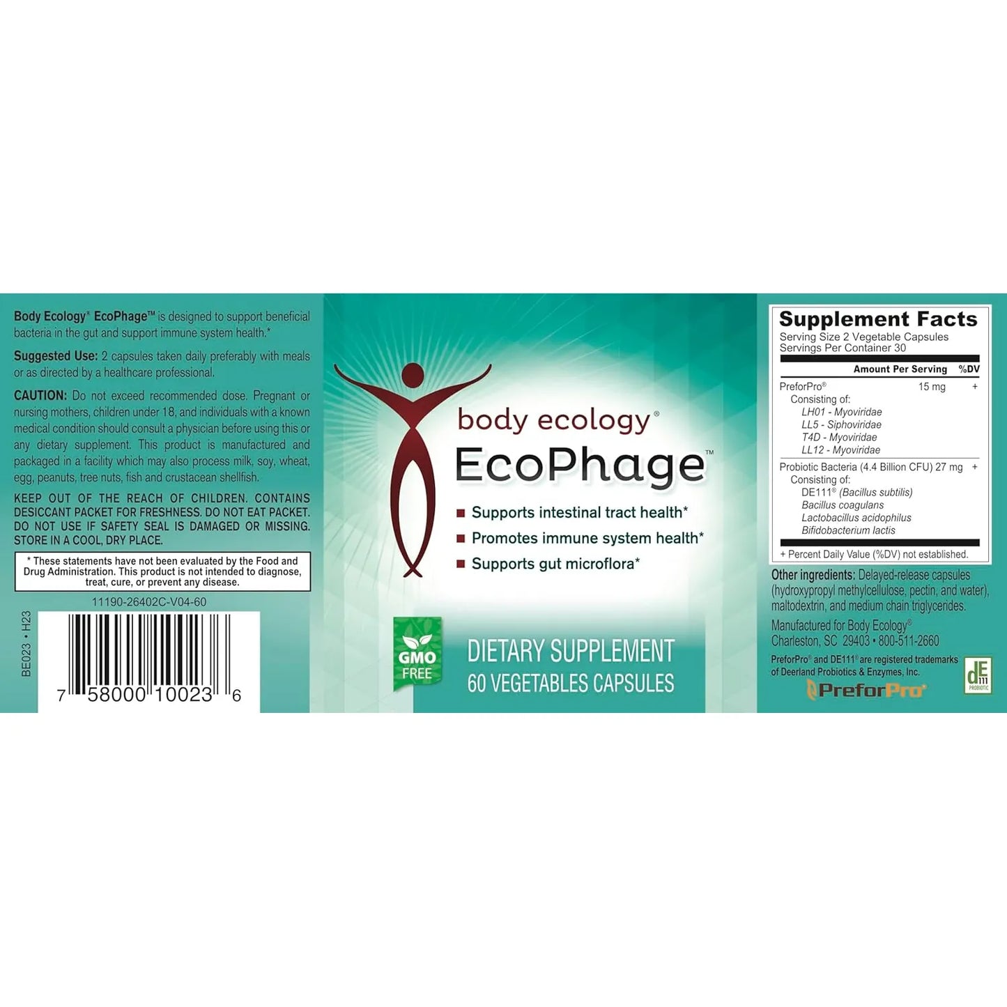 Ecophase Prebiótico Y Probiótico Bacteriófago 60 Cápsulas Salud Intestinal E Inmunidad