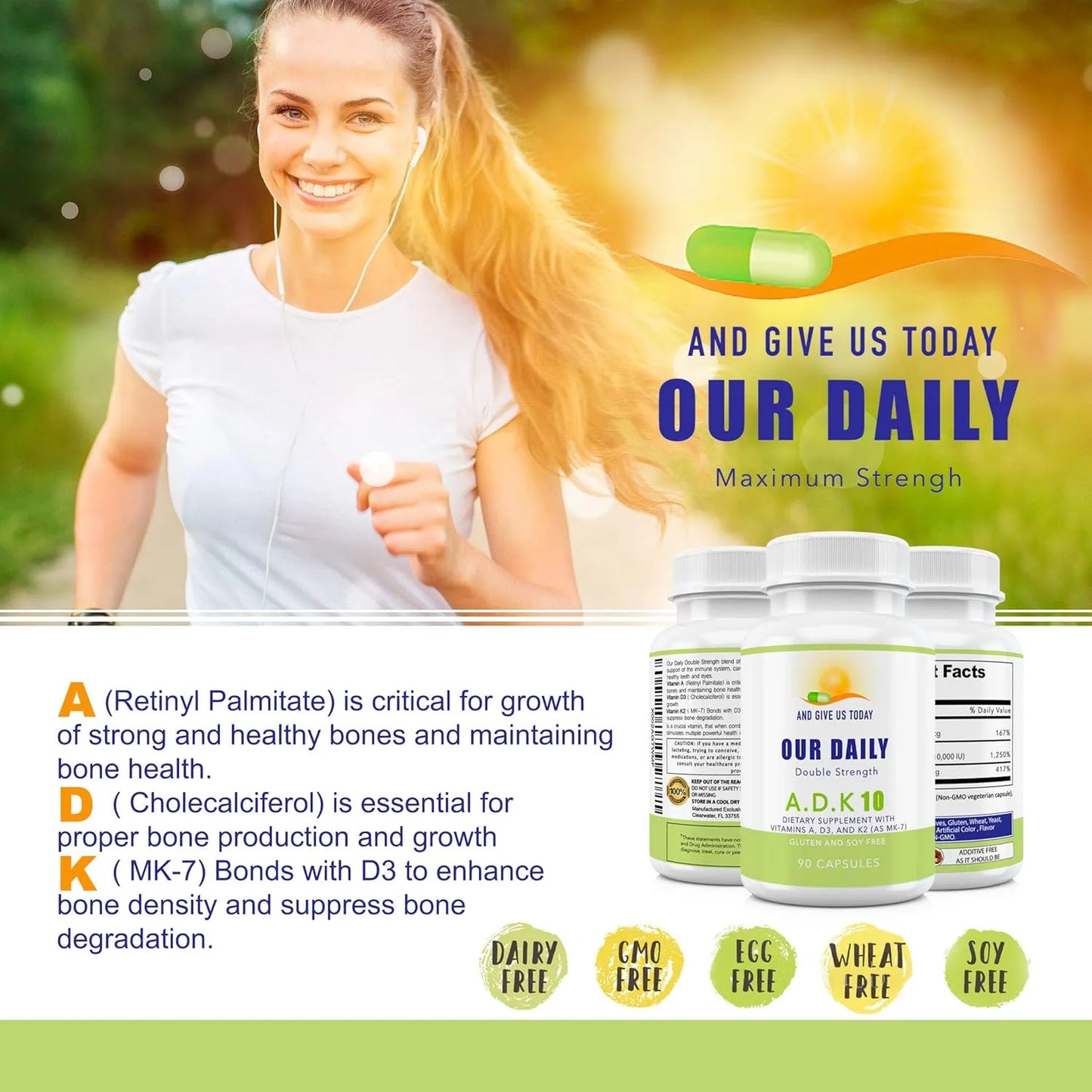 Vitaminas Doble Fuerza ADK 10 10000 Ui A1 D3 K2 Mk7 Apoyo Óseo E Inmunológico 180 Cápsulas