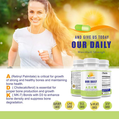 Vitaminas Doble Fuerza ADK 10 10000 Ui A1 D3 K2 Mk7 Apoyo Óseo E Inmunológico 180 Cápsulas