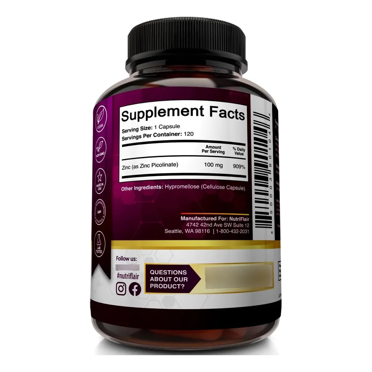 Picolinato De Zinc 100 Mg 120 Cápsulas Veganas Alto Absorción Usa