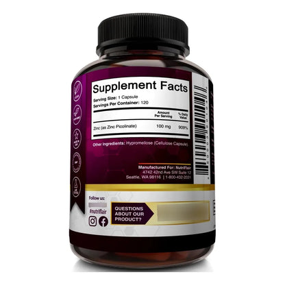 Picolinato De Zinc 100 Mg 120 Cápsulas Veganas Alto Absorción Usa