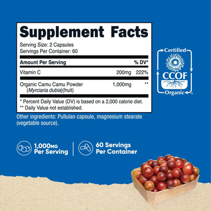 Camu Camu 1000 Mg 120 Cápsulas Orgánicas Certificadas Ccof Sin Gluten