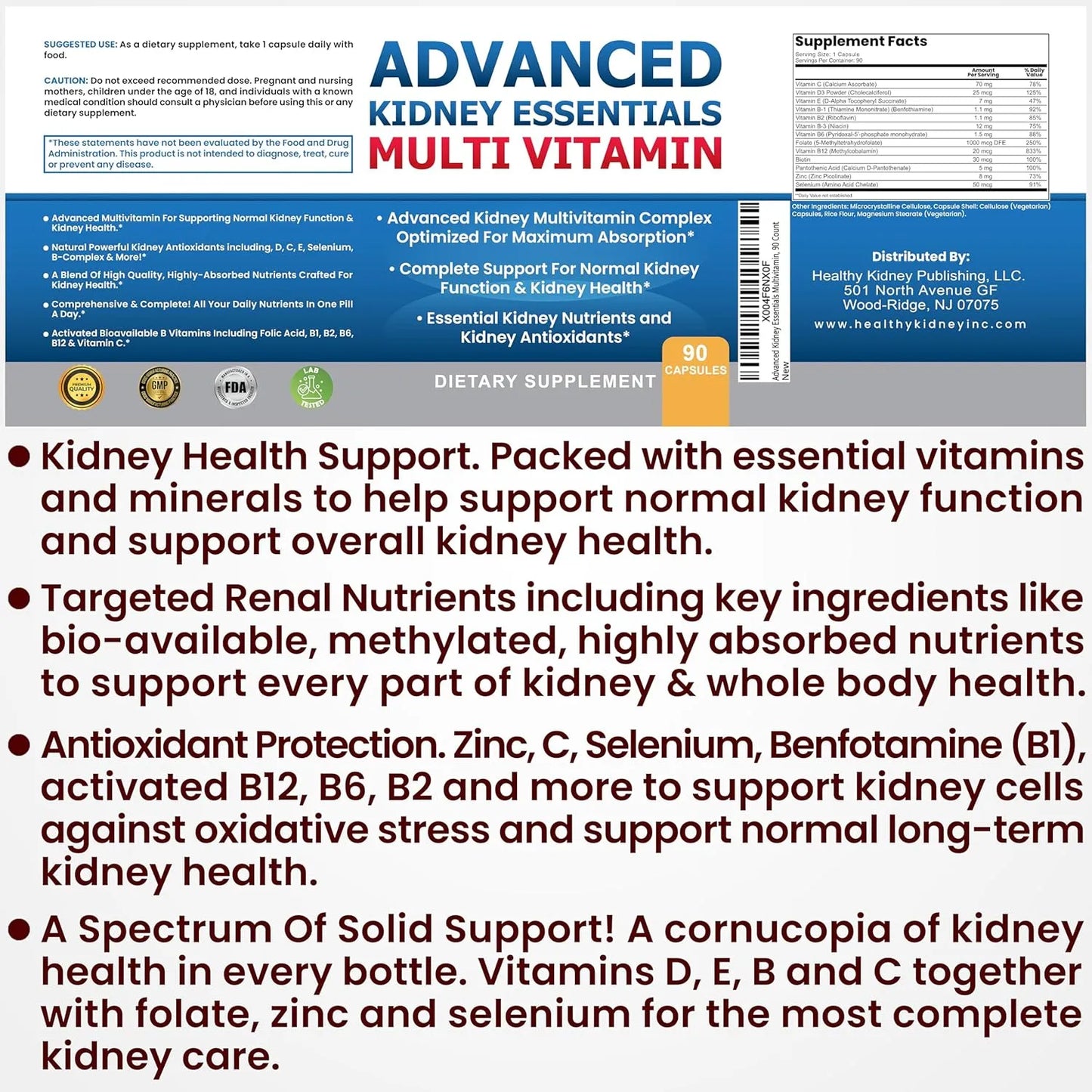 Multivitamínico Esencial Para Riñones 90 Cápsulas Apoyo Renal Completo