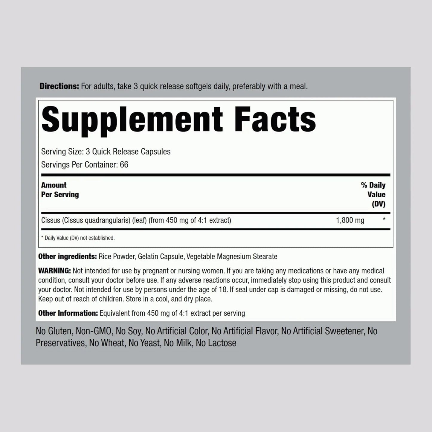 Extracto De Cissus Quadrangularis 1800mg 200 Cápsulas Ultra Concentrado Sin OMG Ni Gluten