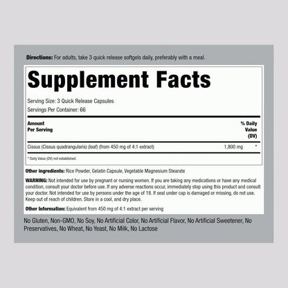 Extracto De Cissus Quadrangularis 1800mg 200 Cápsulas Ultra Concentrado Sin OMG Ni Gluten