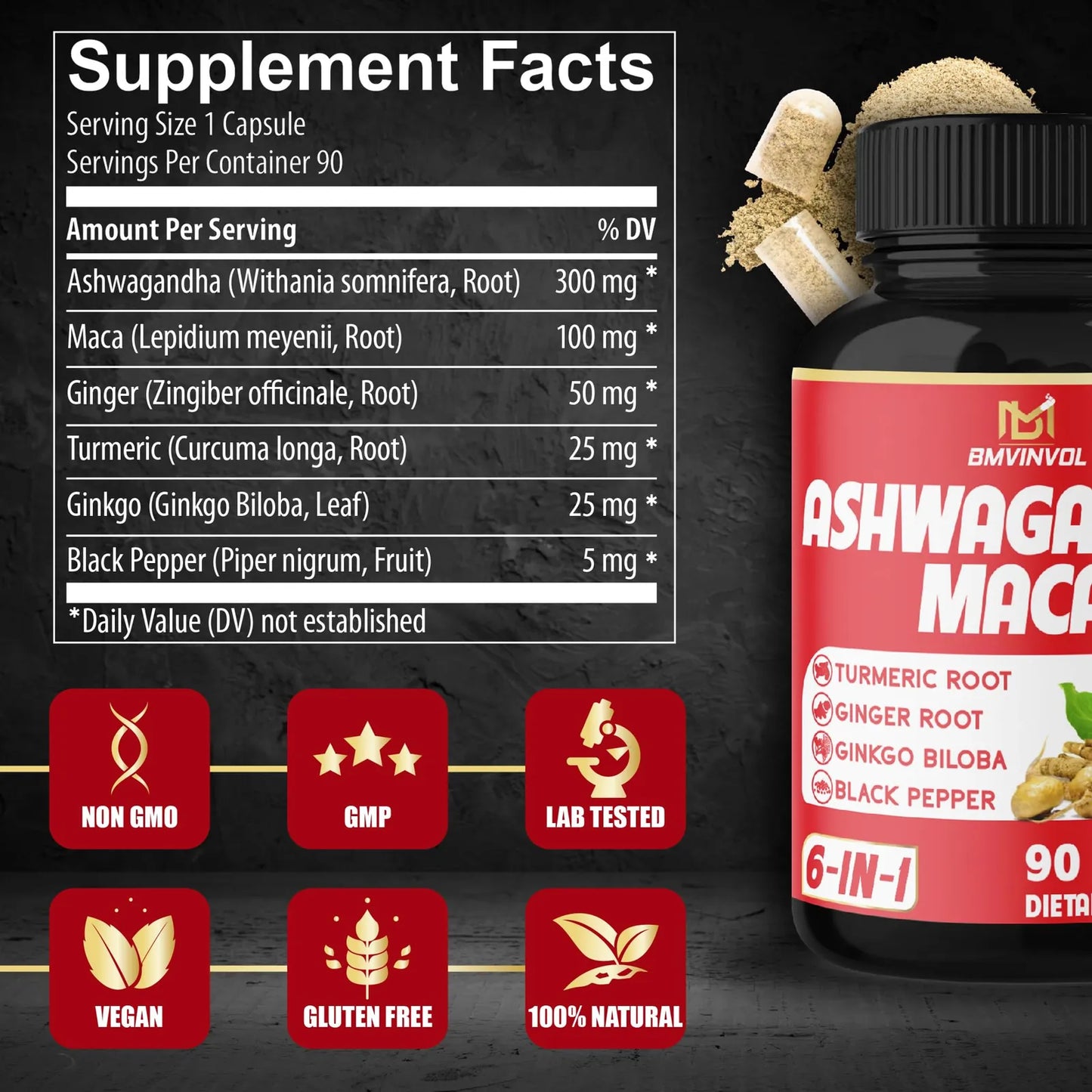 Suplemento De Maca Ashwagandha Con Cúrcuma Y Jengibre 90 Cápsulas Veganas Para Energía Y Estrés