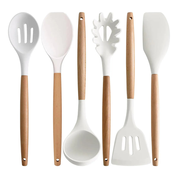 Juego De Utensilios Cocina 6 Piezas Silicona Antiadherente Mangos Madera Iocbyhz