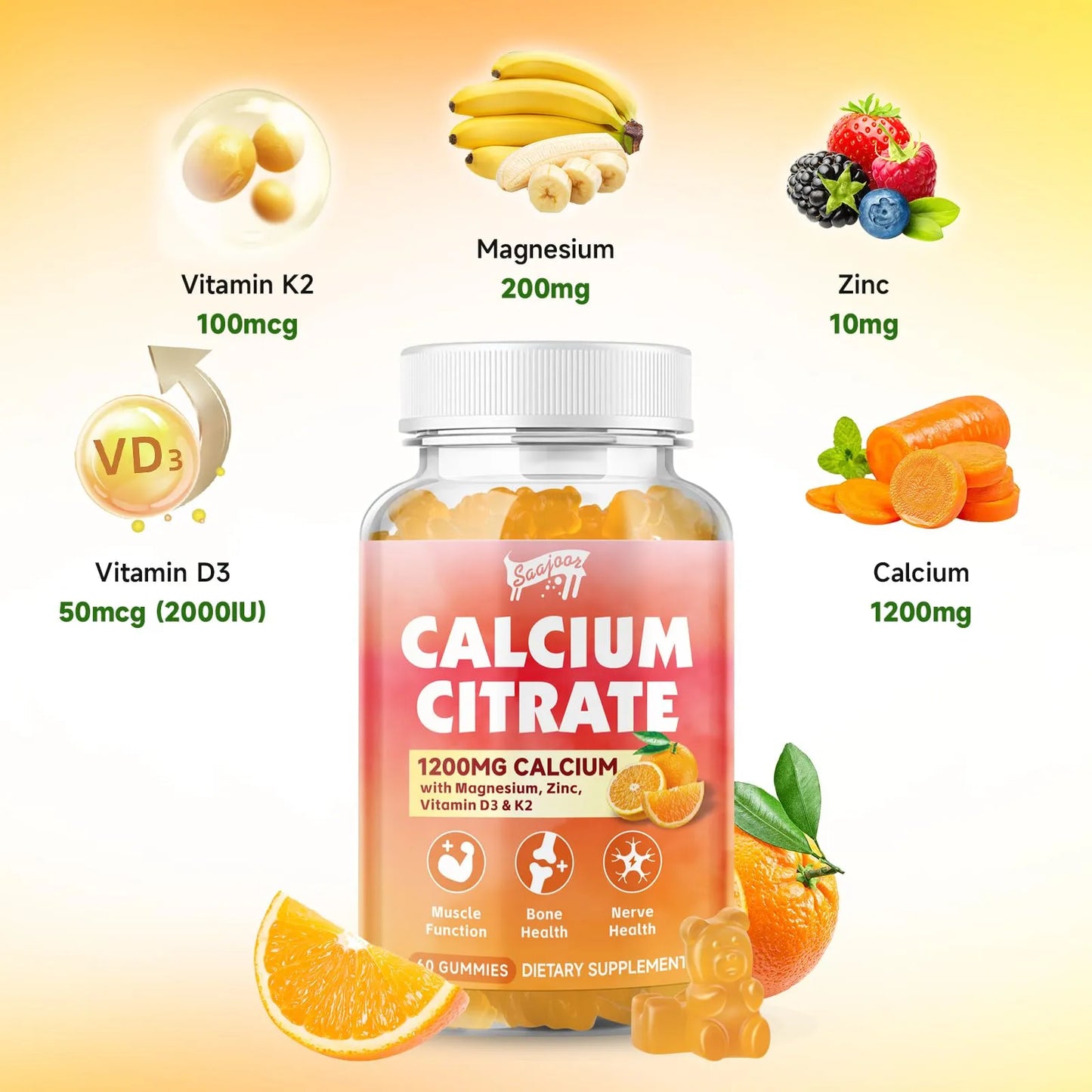 Gomitas De Citrato De Calcio 1200 Mg Con Vitamina D3 K2 Magnesio Zinc Soporte Oseo E Inmunidad