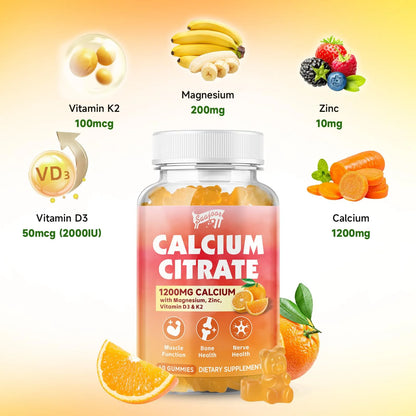 Gomitas De Citrato De Calcio 1200 Mg Con Vitamina D3 K2 Magnesio Zinc Soporte Oseo E Inmunidad