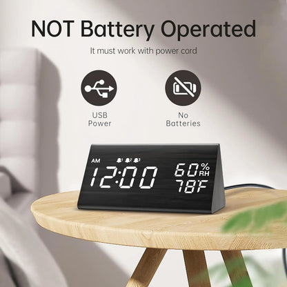 Reloj Despertador Digital Con Pantalla Led Madera 3 Alarmas Temperatura Humedad