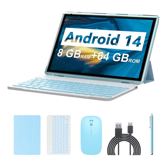 Tablet Android 14 10.1 Pulgadas 8GB RAM 64GB Teclado Mouse Funda Incluidos