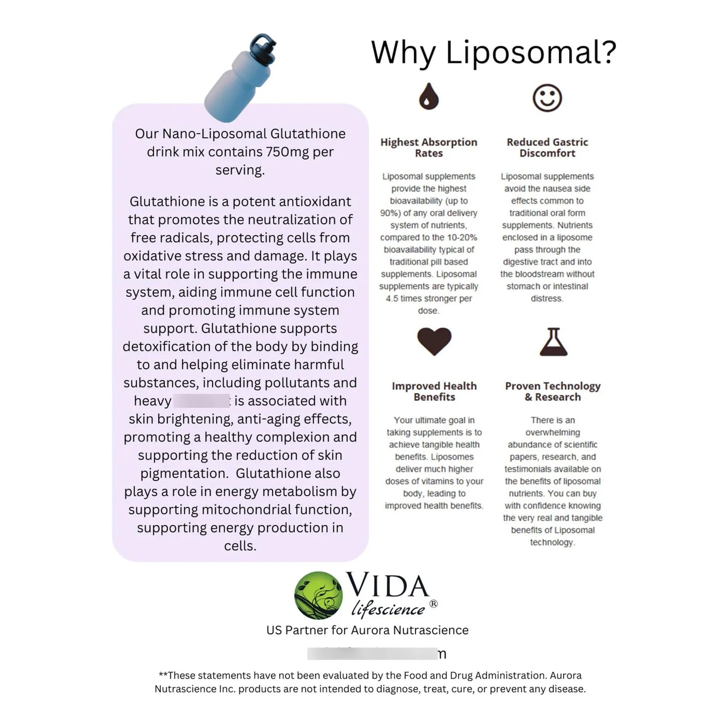 Mezcla De Bebida De Glutatión En Polvo Nano Liposomal 750 Mg Aurora Nutrascience Apoyo Inmunológico