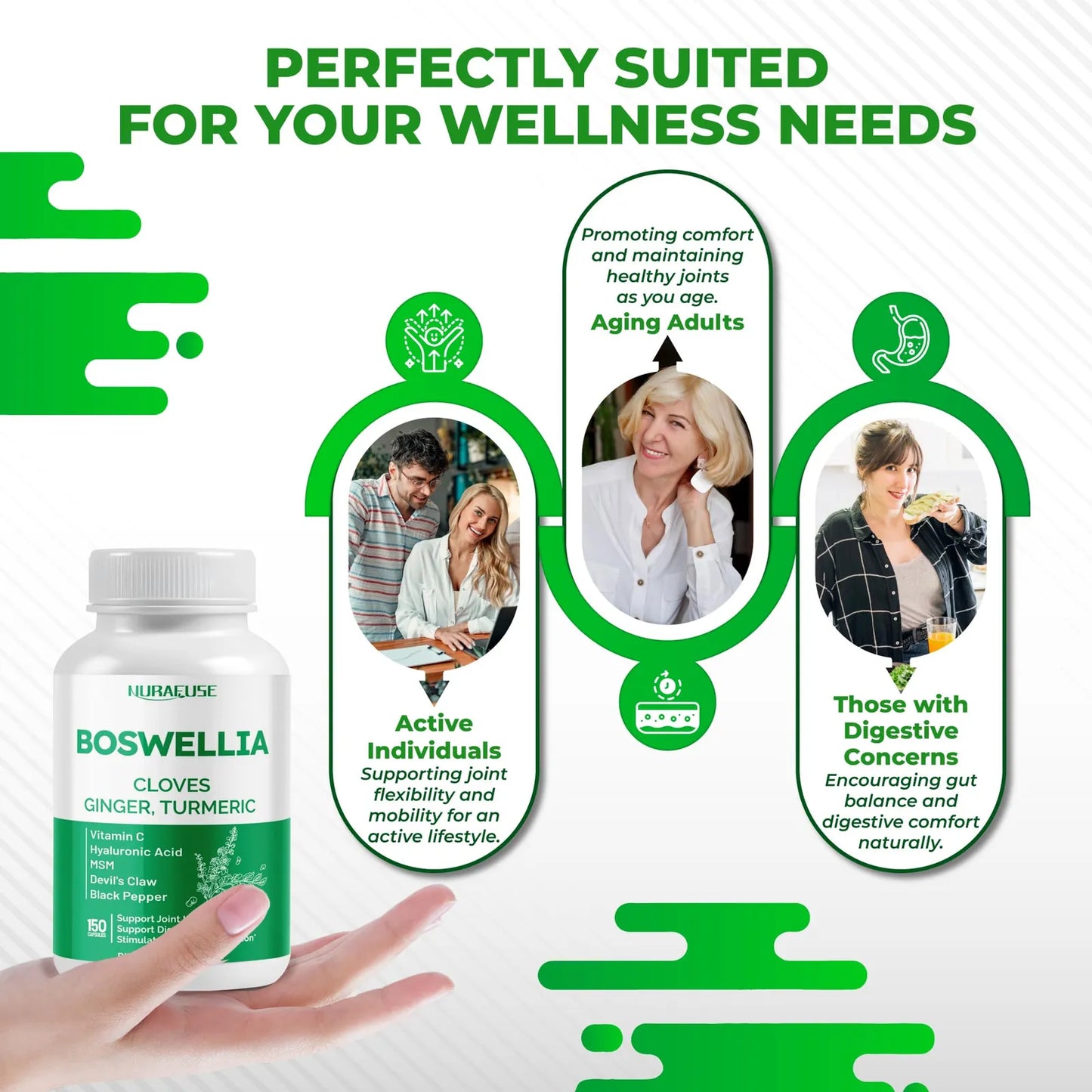 Suplemento Boswellia Clavo Jengibre Curcuma Vitamina C Acido Hialuronico 150 Capsulas