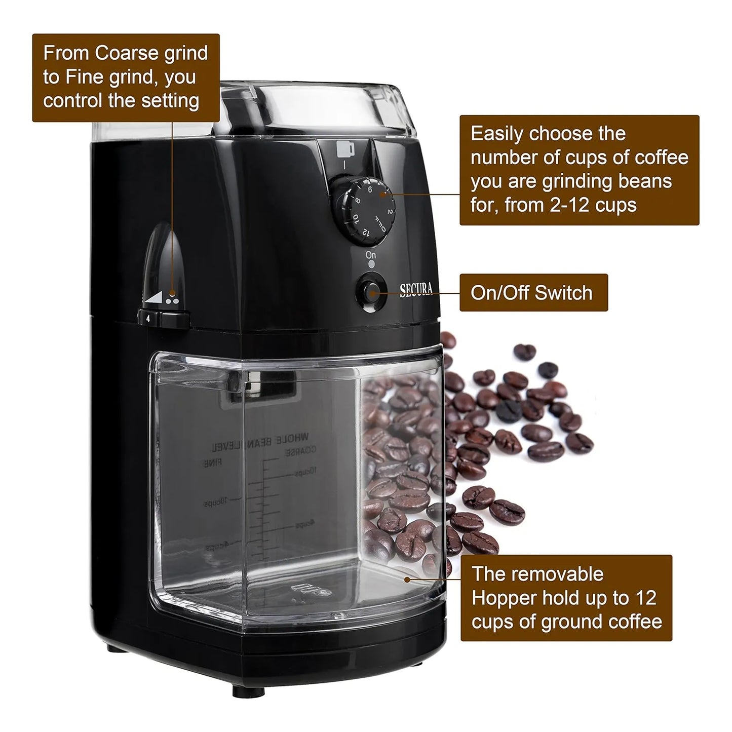 Molinillo De Café Eléctrico Automático Secura SCG 903B 17 Niveles Molienda Envío Gratis