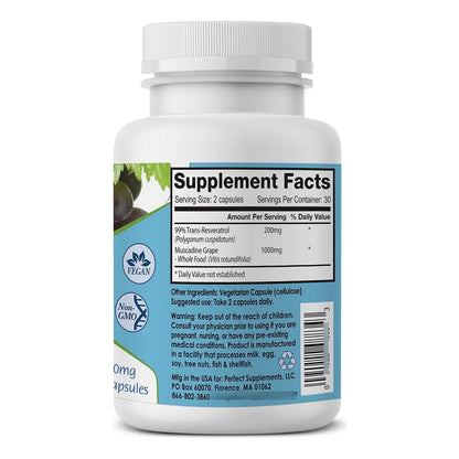 Resveratrol Perfect ResGrape 60 Cápsulas Trans Resveratrol Puro Y Uva Muscadina Orgánica