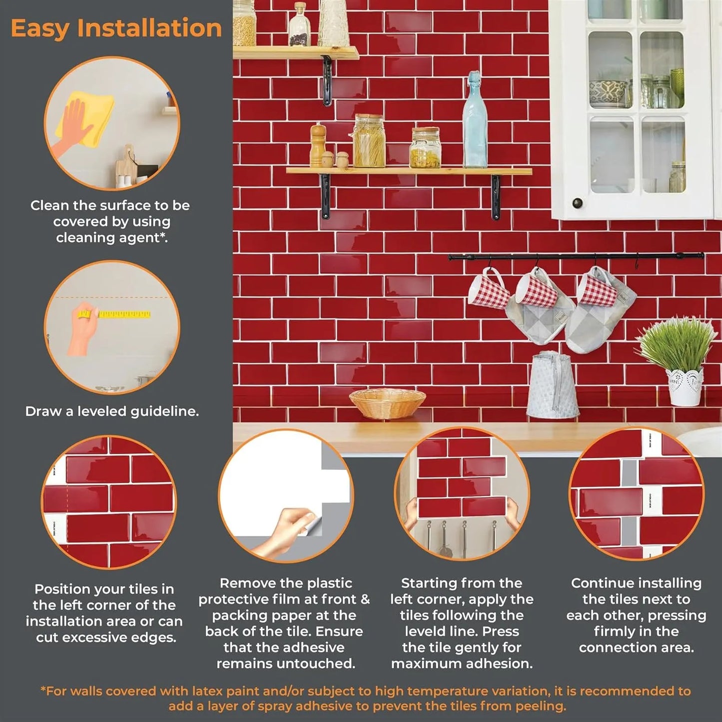 Azulejos Autoadhesivos Walplus Premium Cocina 3D Rojo Brillante 6 Hojas
