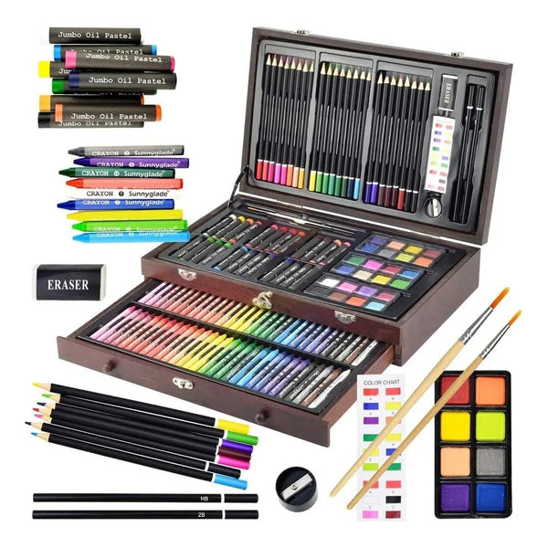 Kit De Dibujo Sunnyglade 145 Piezas Caja Madera Lápices Acuarelas Y Más