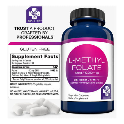 L-Metilfolato 10 Mg 90 Cápsulas Suplemento MTHFR Grado Profesional