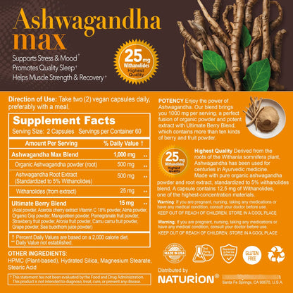 Ashwagandha Max Polvo Organico Extracto Raiz Relajacion Sueno Energia