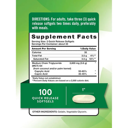 Aceite MCT 100 Capsulas Blandas NatureS Truth Ideal Dieta Keto Sin Gluten
