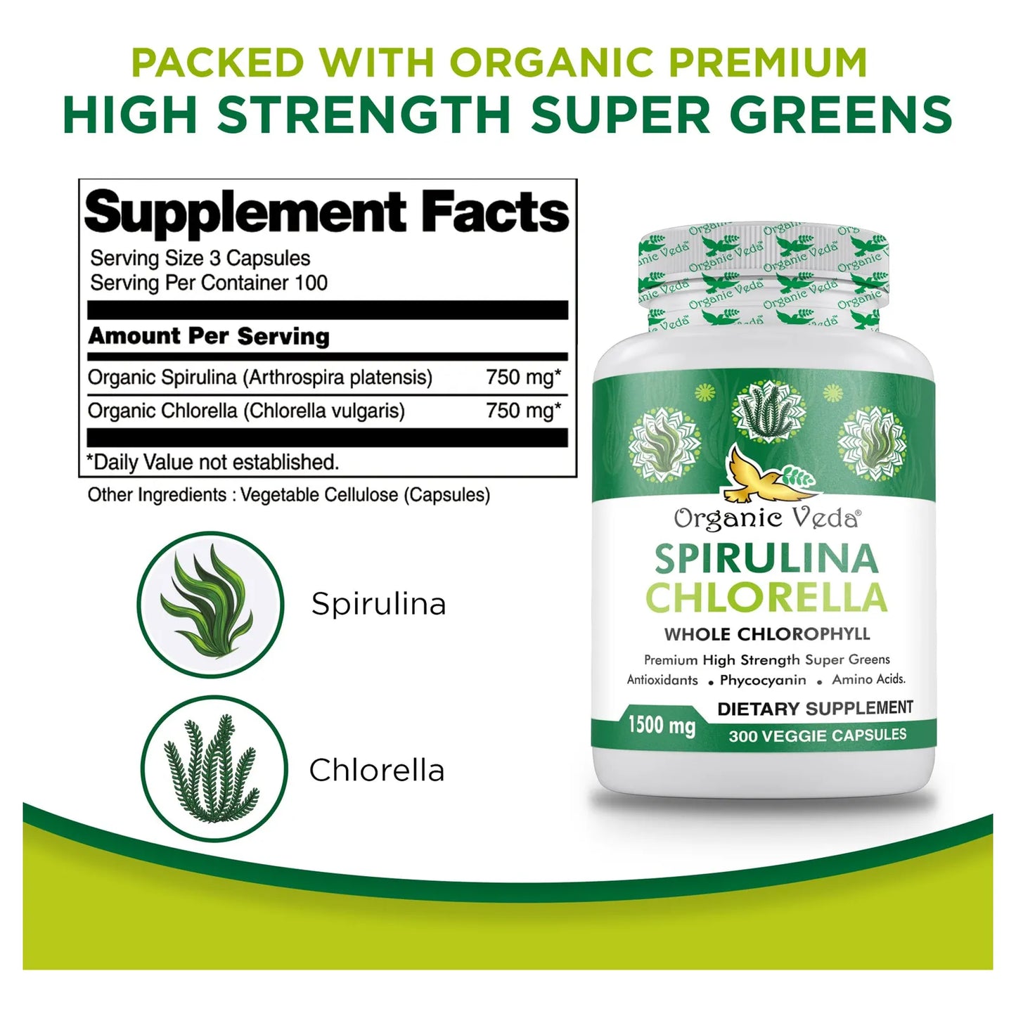 Cápsulas De Espirulina Y Clorella Orgánica 1500 Mg 300 Unidades Energía E Inmunidad