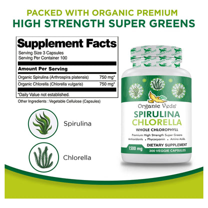 Cápsulas De Espirulina Y Clorella Orgánica 1500 Mg 300 Unidades Energía E Inmunidad
