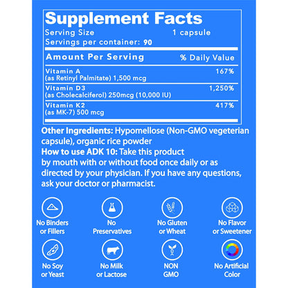 Suplemento Vitaminas A D3 K2 MK7 Para Huesos Fuertes Y Sistema Inmunologico 90 Capsulas