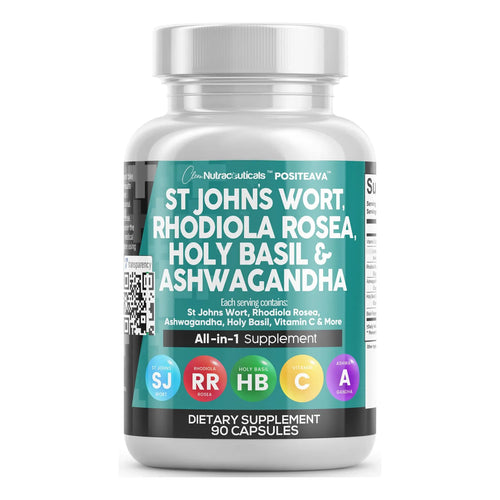 Suplemento St Johns Wort Rhodiola Rosea Holy Basil Ashwagandha 90 Capsulas Apoyo Estado Animo