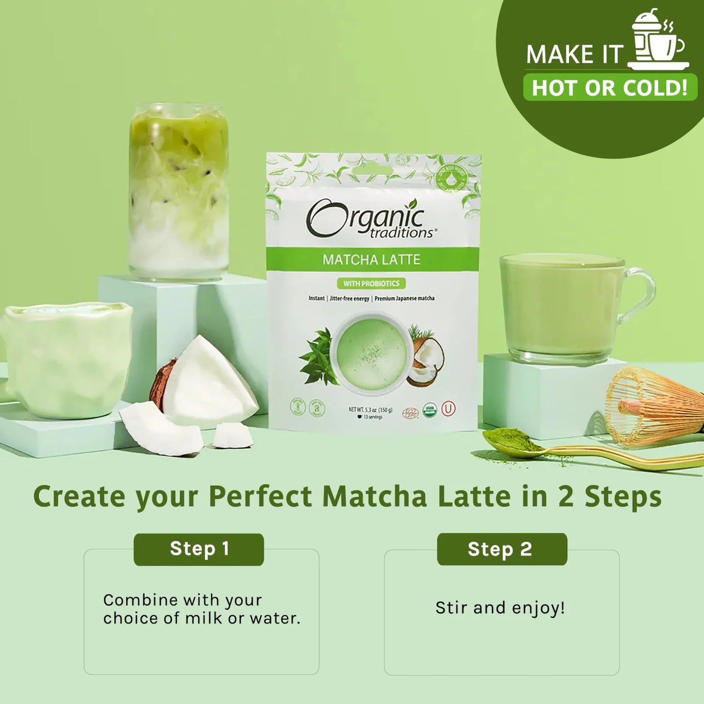 Matcha Latte En Polvo Orgánico Base Cremosa De Coco Antioxidantes Y Probióticos