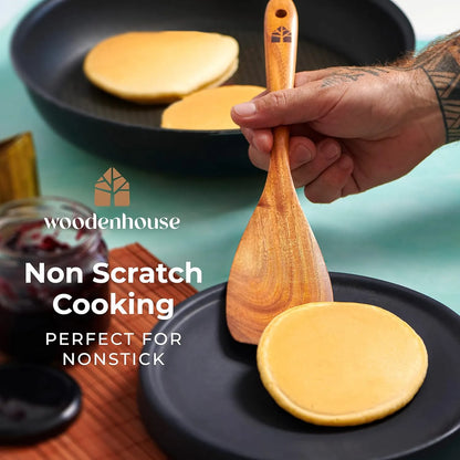 Juego De 8 Utensilios Cocina Madera Con Soporte Cucharas Teca Natural