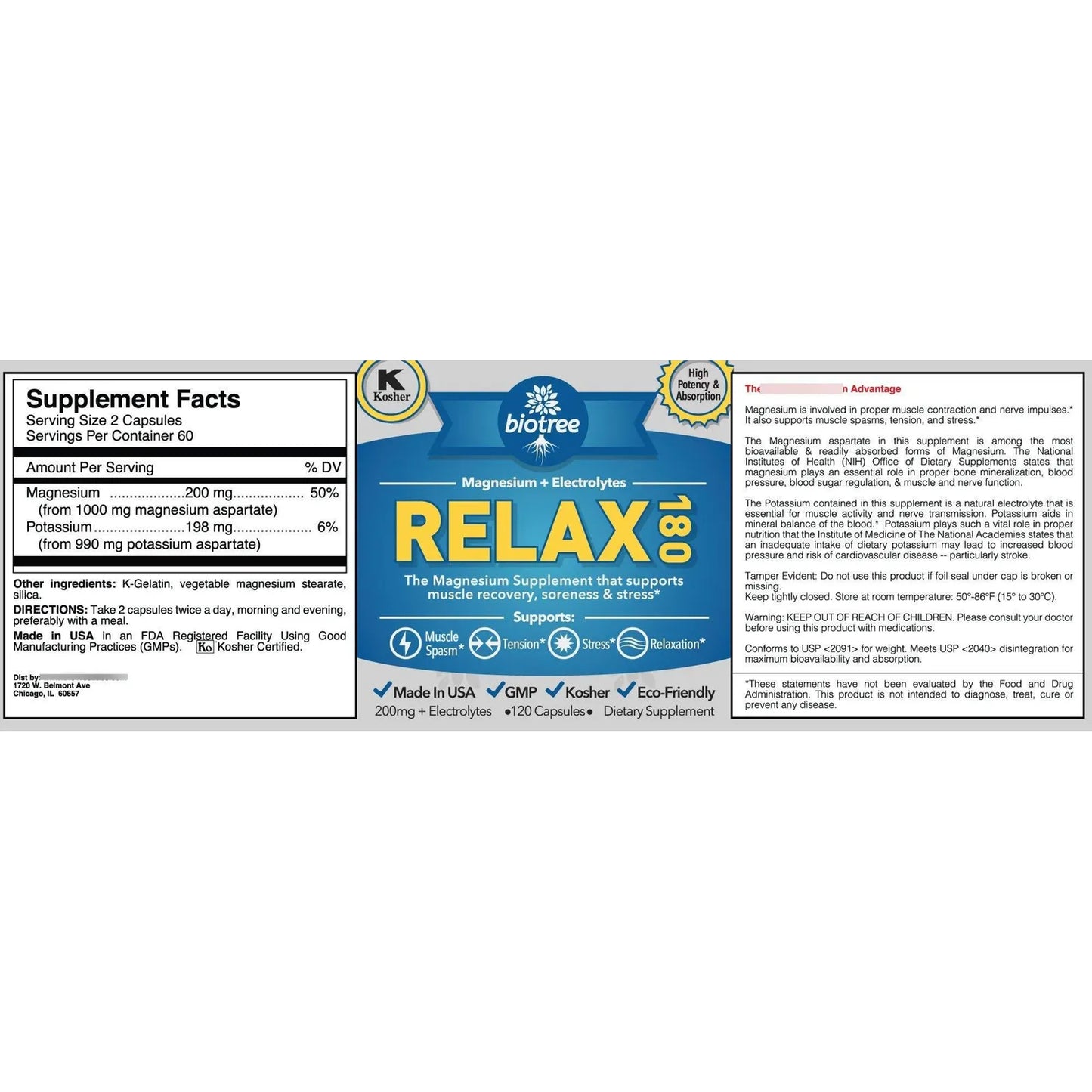 Relax 180 Pack 120 Cápsulas Magnesio Potasio Electrolitos Alivia Dolores Musculares