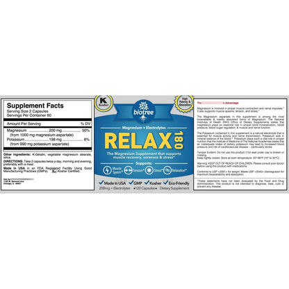 Relax 180 Pack 120 Cápsulas Magnesio Potasio Electrolitos Alivia Dolores Musculares