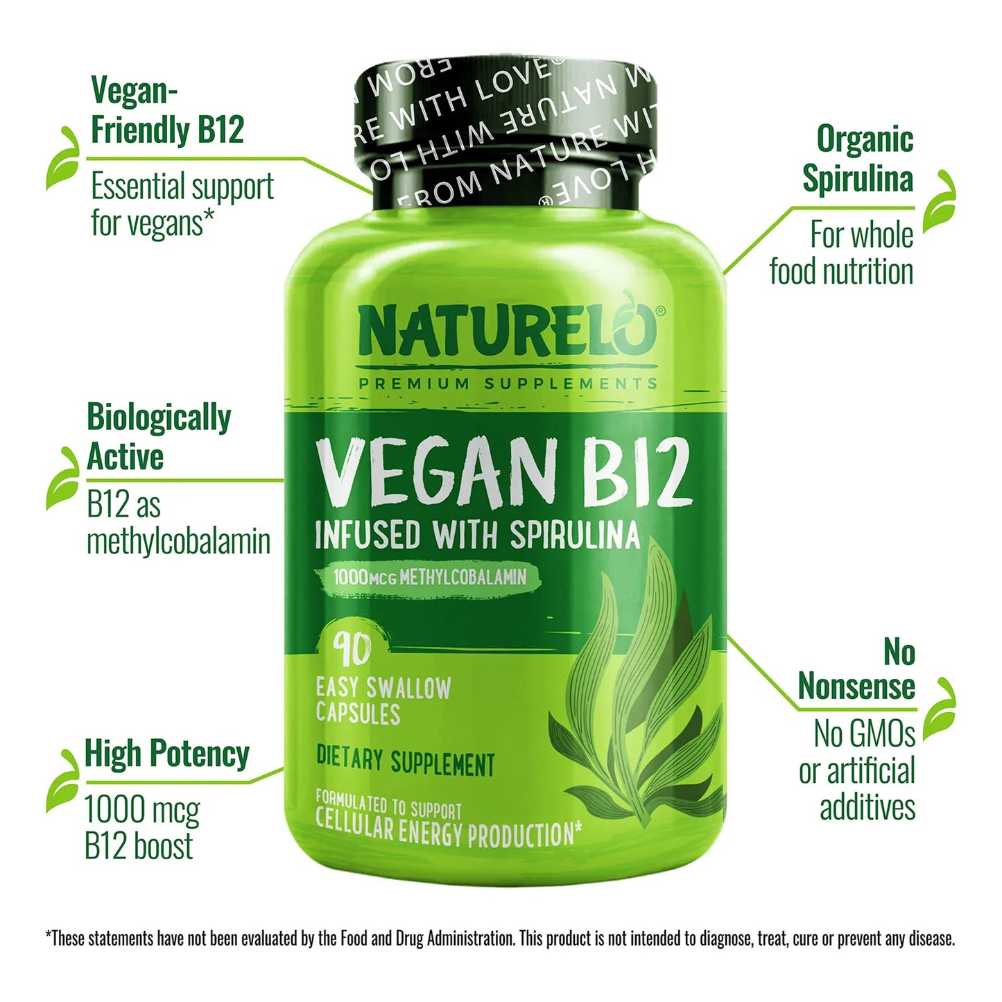 Metilcobalamina B12 1000 Mcg Con Espirulina Orgánica 180 Cápsulas Vegano Energía