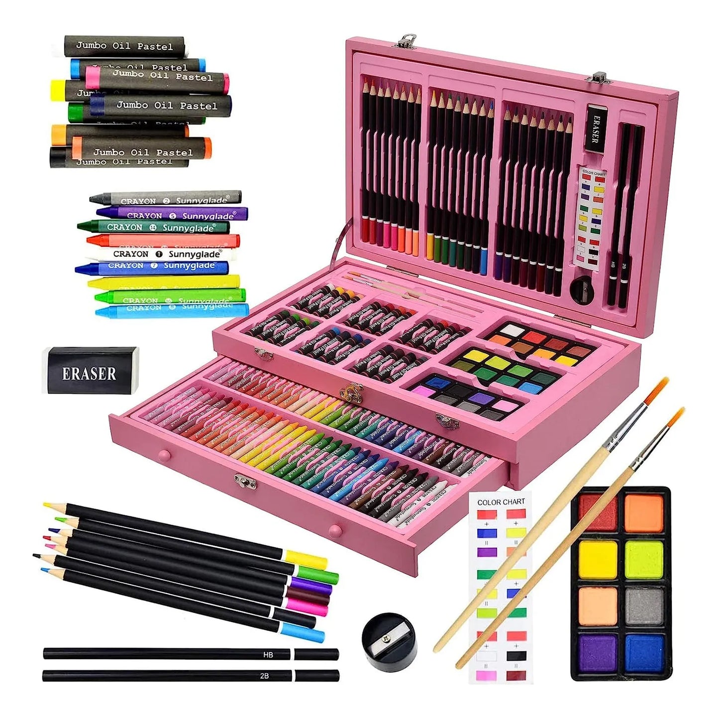 Juego De Arte Sunnyglade 145 Piezas Caja Madera Lápices Acuarelas Y Más